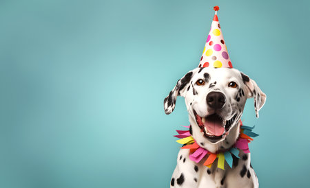 Creative animal concept. dalmatian dog puppy in party cone hat necklace bowtie outfit isolated on solid pastel background advertisement, copy text space. birthday party inviteの素材