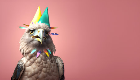 Creative animal concept. eagle in party cone hat necklace bowtie outfit isolated on solid pastel background advertisement, copy text space. birthday party invite invitationの素材