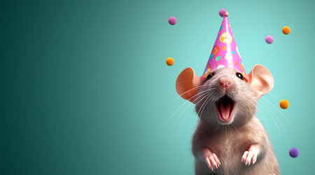 Creative animal concept. mouse in party cone hat necklace bowtie outfit isolated on solid pastel background advertisement, copy text space. birthday party invite invitationの素材