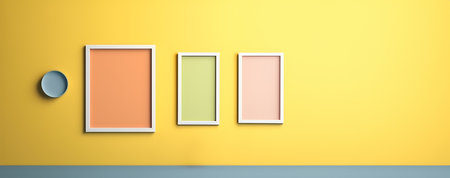 Abstract minimal concept. Vibrant bright multi colour background with empty blank photo frames, abstract landscape. Mock up template for product presentation. 3D rendering.の写真素材