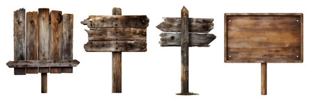 Blank empty wooden rustic signage sign board signpost post wood on transparent background cutout, PNG file. Many assorted different Mockup template for artwork design.の写真素材