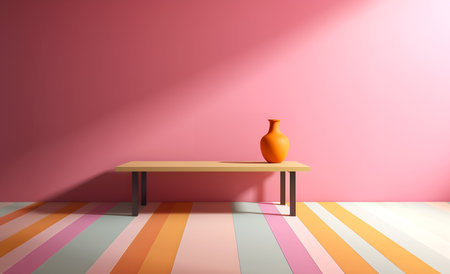 Pastel multi colour vibrant textured background wall with long shelf table frame natural shadowの写真素材