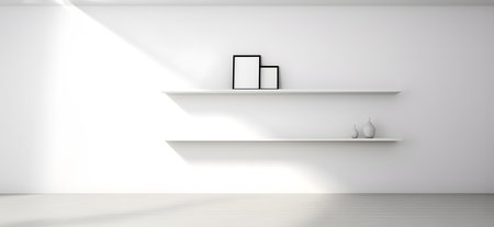 Creative interior concept. Large blank empty minimal wall room with long shelf and natural shadow. Banner template for product presentation. Mock up 3D rendering. copy text spaceの写真素材