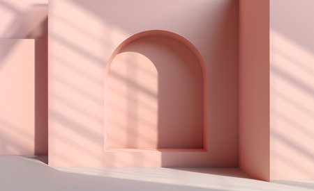 Creative interior concept. Large empty pastel pink coral wall room facade design with natural shadow. Banner template for product presentation. Mock up 3D renderingの写真素材