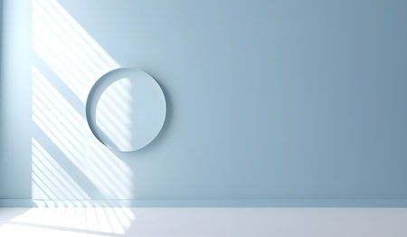 Creative interior concept. Large empty pastel blue wall room facade design with natural shadow. Banner template for product presentation. Mock up 3D renderingの写真素材