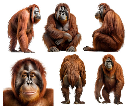 orangutan, many angles and view portrait side back head shot isolated on white background cutoutの写真素材