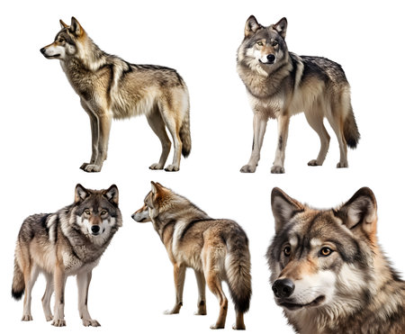 Wolf, many angles and view portrait side back head shot isolated on white background cutout