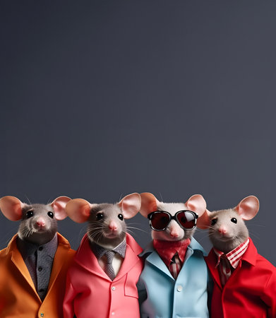 Creative animal concept. Rat rodent in a group, vibrant bright fashionable outfits isolated on solid background advertisement, copy text space. birthday party invite invitationの素材
