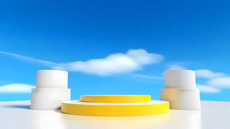 Abstract minimal concept. Sunshine yellow winner podium stage with cloud and skies background, abstract geometric landscape. Mock up template for product presentation. 3D renderingの写真素材