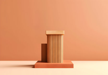 Abstract minimal concept. Speaker winner wood wooden podium stage, abstract landscape. Mock up template for product presentation. 3D rendering. copy text spaceの写真素材