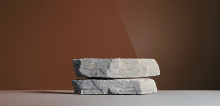 Abstract minimal concept. Matte brown background with stone podium stage. Mock up template for product presentation. 3D rendering. copy text spaceの写真素材