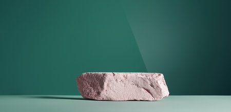 Abstract minimal concept. Matte green background with stone podium stage. Mock up template for product presentation. 3D rendering. copy text spaceの写真素材