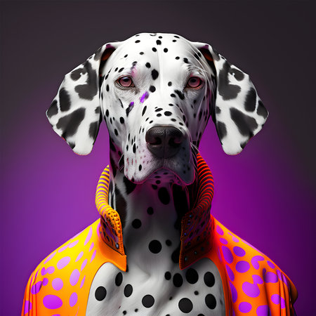 Realistic lifelike dalmatian dog puppy in fluorescent electric highlighters ultra-bright neon outfits, commercial, editorial advertisement, surreal surrealism. 80s Era comeback.の素材