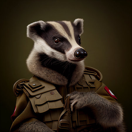 Realistic lifelike badger in army military navy outfitsの素材