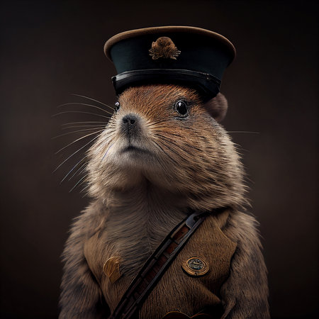 Realistic lifelike beaver in army military navy outfitsの素材