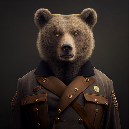 Realistic lifelike bear in army military navy outfitsの素材