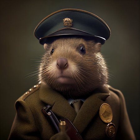 Realistic lifelike beaver in army military navy outfitsの素材