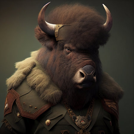 Realistic lifelike bison in army military navy outfitsの素材