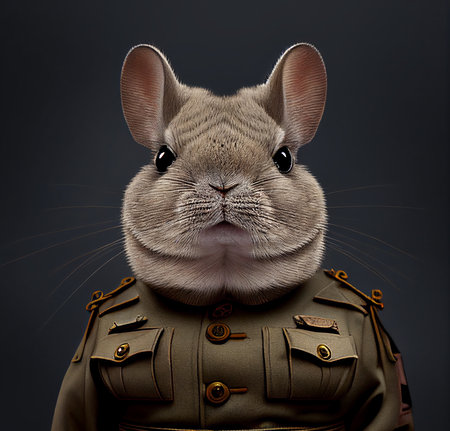 Realistic lifelike chinchilla in army military navy outfitsの素材