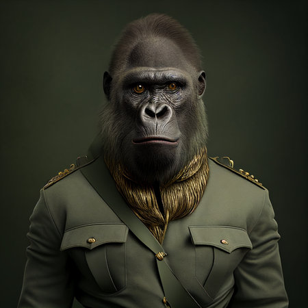 Gorilla in a military jacket on a dark background. Portrait.の素材