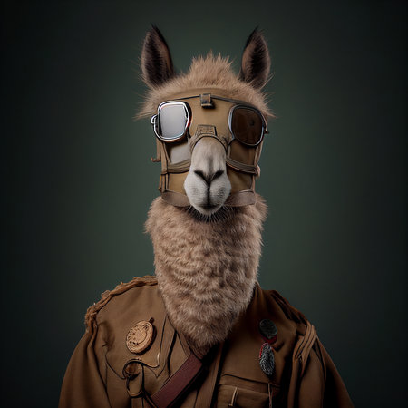 Funny llama dressed as aviator. Portrait on dark background.の素材