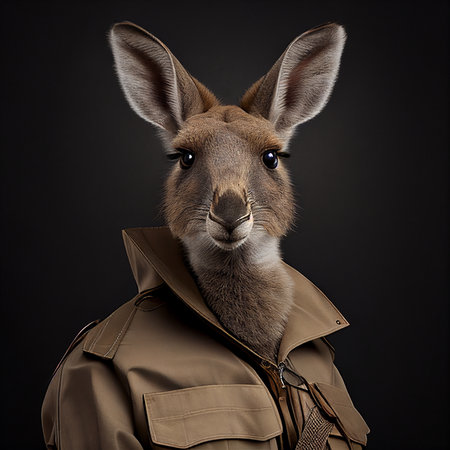 Portrait of a wild rabbit in a jacket on a black backgroundの素材