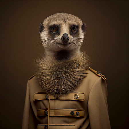 Portrait of a meerkat in a military jacket on a dark backgroundの素材