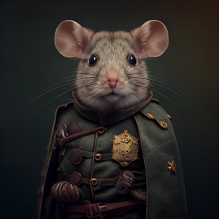Portrait of a cute little mouse in a military uniform on a dark background.の素材