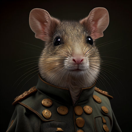 3d rendering of a brown mouse in a military uniform on a black backgroundの素材