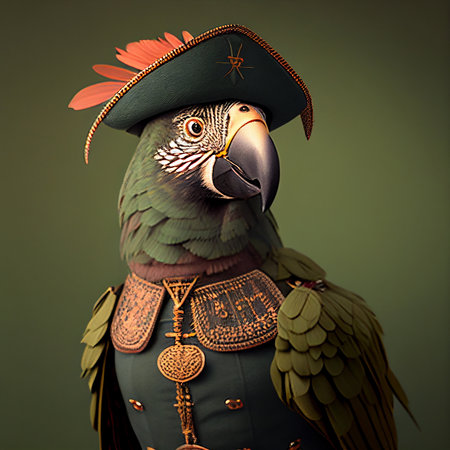 Portrait of a parrot in a pirate costume on a green background.の素材