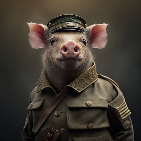 Portrait of a cute little pig in a Soviet military uniform.の素材