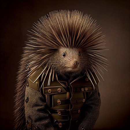 Hedgehog dressed in a steampunk costume on a dark backgroundの素材
