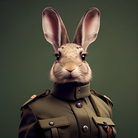 Rabbit in a military uniform. Studio shot over dark green background.の素材
