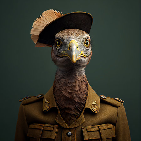 3D render of a vulture in a military uniform and hat.の素材