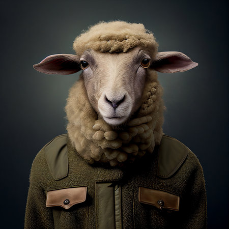 Portrait of a sheep in a jacket and scarf on a dark background.の素材