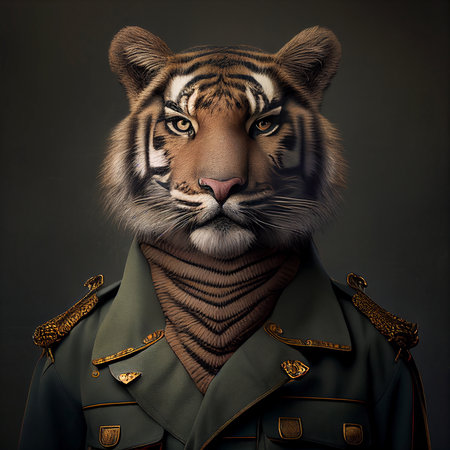 Portrait of a tiger in a military uniform on a dark background.の素材