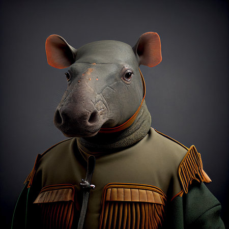 Hippopotamus in a military uniform on a dark background.の素材