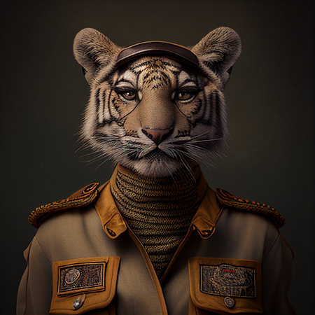 Portrait of a tiger in a military uniform. Studio shot.の素材