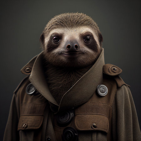 Portrait of a sloth in a raincoat. Studio shot.の素材
