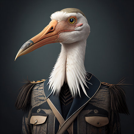 Portrait of a stork in a military uniform. 3d illustrationの素材