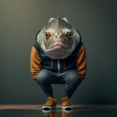 Funny big fish dressed in sportswear. Studio shot.の素材