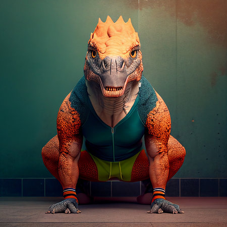 3D rendering of a dinosaur in a green tank top and shortsの素材