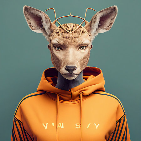 Funny deer with a crown on his head in an orange hoodie.の素材