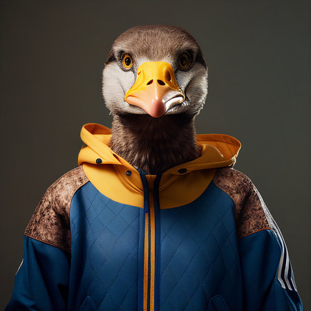 Portrait of an eagle in a blue raincoat and yellow raincoat.の素材