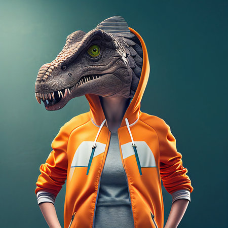 Funny man in orange hoodie with dinosaur head on dark backgroundの素材