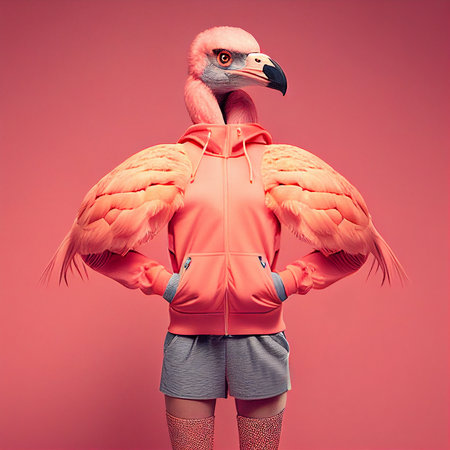 Flamingo in a red jacket and shorts on a pink background.の素材