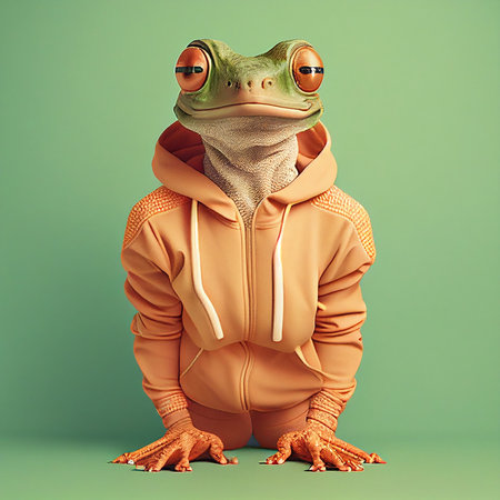 Frog in a warm jacket on a green background. 3d renderingの素材