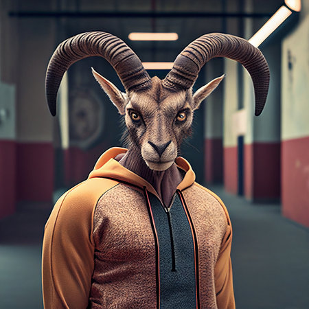 Portrait of a goat in the hallway. 3d illustration.の素材