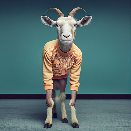 Fashion portrait of a goat dressed in a yellow sweater with big hornsの素材
