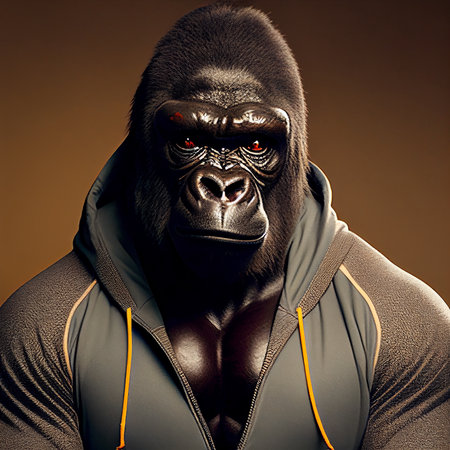 Portrait of a strong gorilla. Studio shot over brown background.の素材
